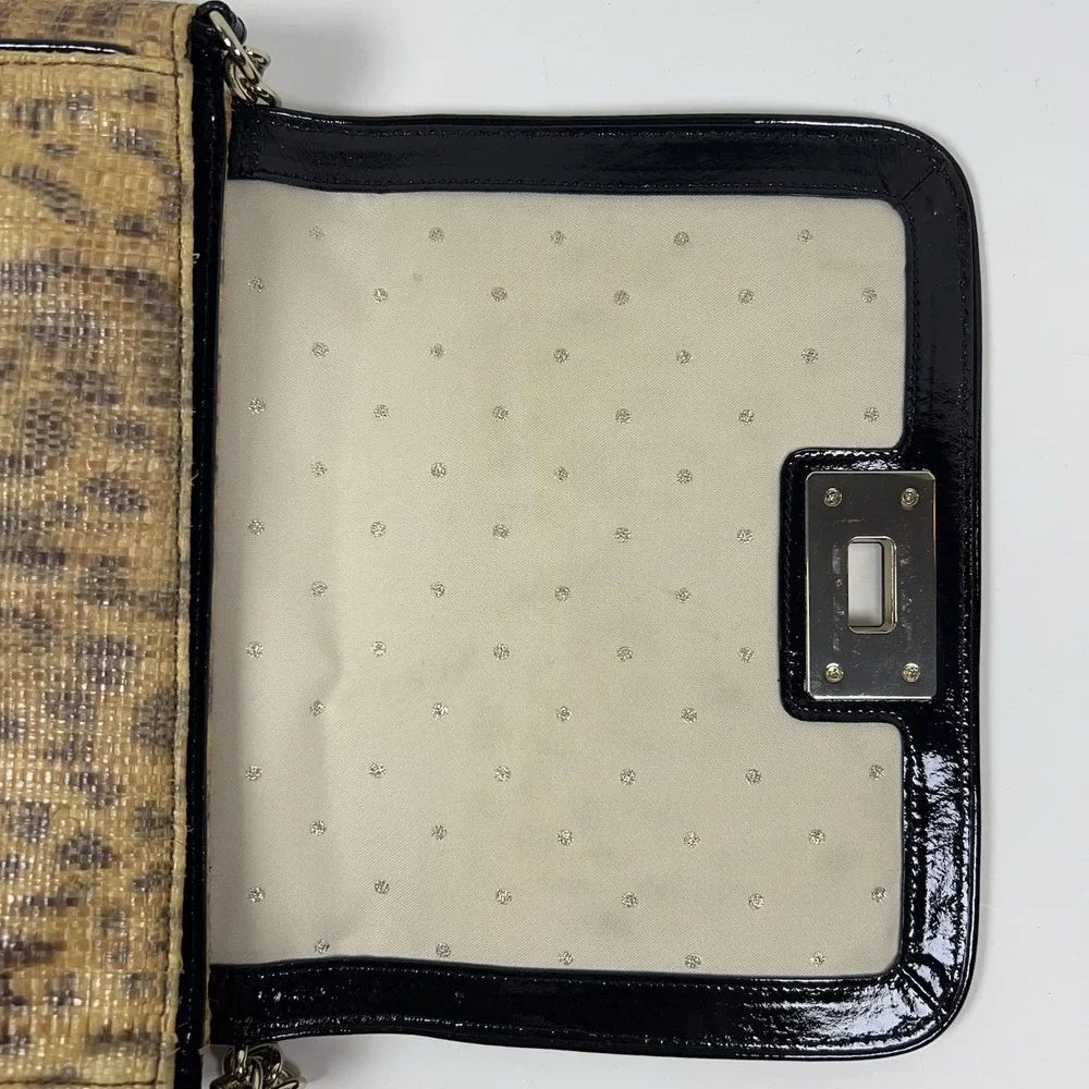 Kate Spade Woven Straw Crossbody Bag Gold Turn Lock Leopard Print Satchel Medium